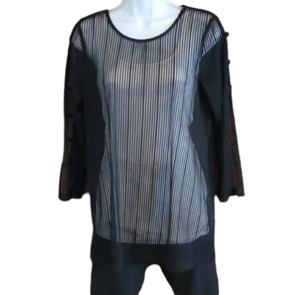Ethyl Women's Black Mesh Pinstripe Top With Cut Out Sleeves